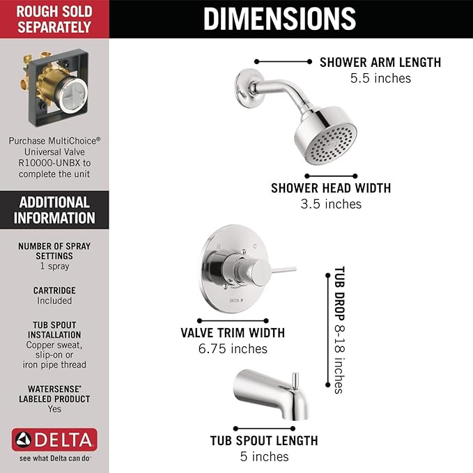 Delta Faucet Modern Single-Handle Chrome Tub and Shower Trim Kit, Shower Faucet with Single-Spray Touch-Clean Shower Head, Chrome T14459-PP (Valve Not Included)