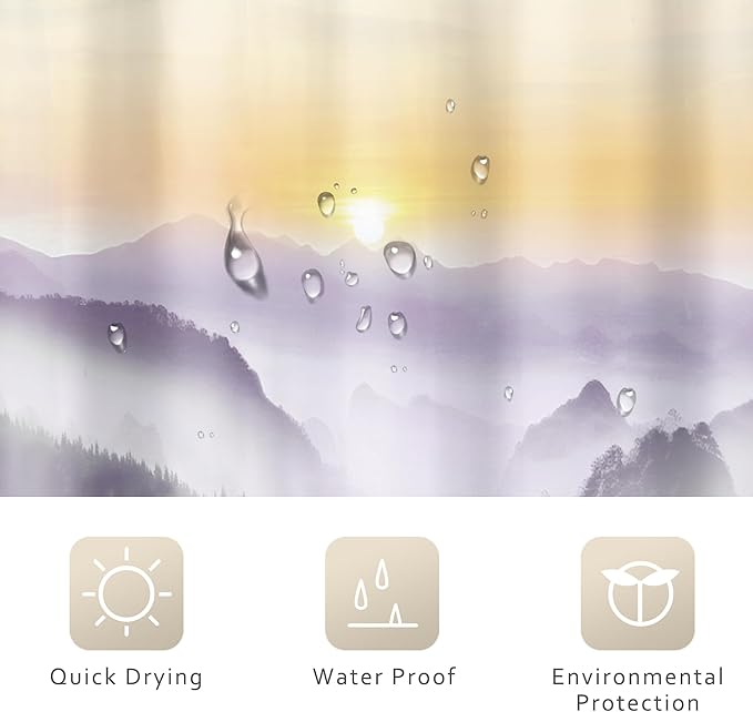 Riyidecor Misty Mountain Shower Curtain 60Wx72H Inch Purple Sunrise Nature Scenery Foggy Pine Tree Woodland Modern Rustic Natural Landscape Bathroom Decor Fabric Polyester Waterproof 12 Pack Hooks