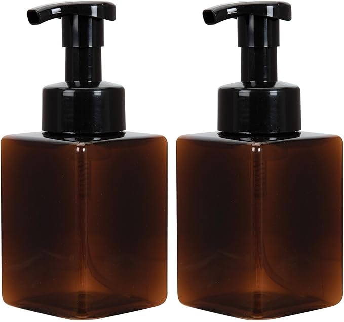 Ginger Lily Farms Foaming Soap Dispenser, Refillable Plastic Pump Bottles for Liquid Hand Soap, 12 oz. Amber Bottle with Black Pump, 2-Pack