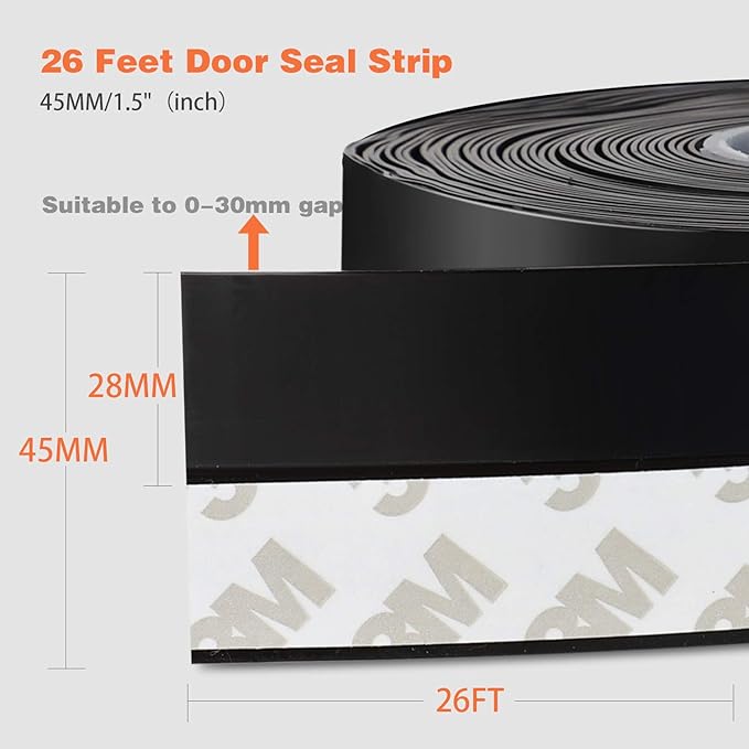 26 Feet Silicone Seal Strip, Weather Stripping for Doors and Windows, Draft Stopper Adhesive Tape for Shower Glass Gaps (Black, 45MM)