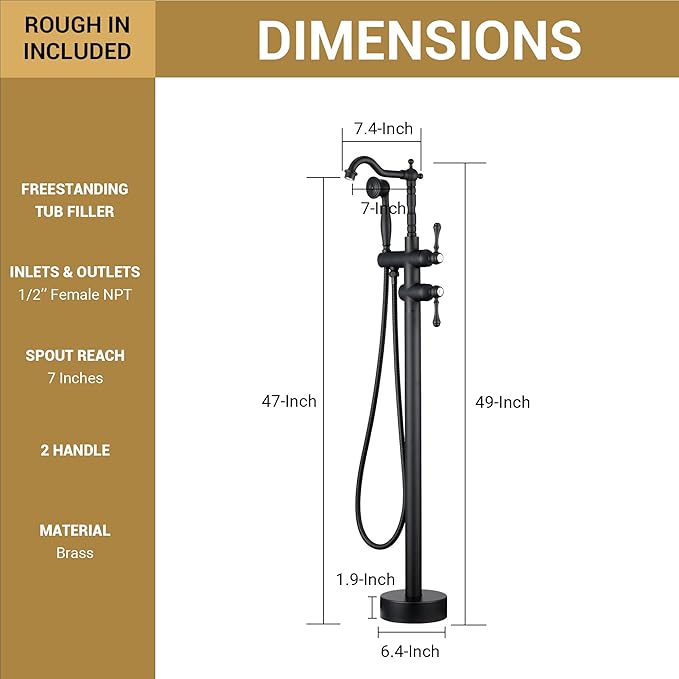 Freestanding Tub Faucet Sets, JetsBath Floor Mount BathTub Filler with 360° Swivel Spout & Handheld Sprayer, Matte Black Floor Mount Bathtub Faucet Single Handle with Supply Hose