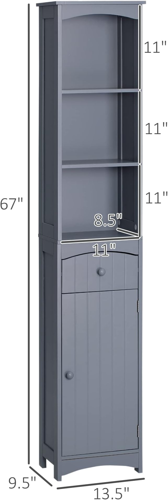 HOMCOM Bathroom Storage Cabinet, Free Standing Bathroom Storage Unit, Tall Linen Tower with 3-Tier Shelves and Drawer, Grey