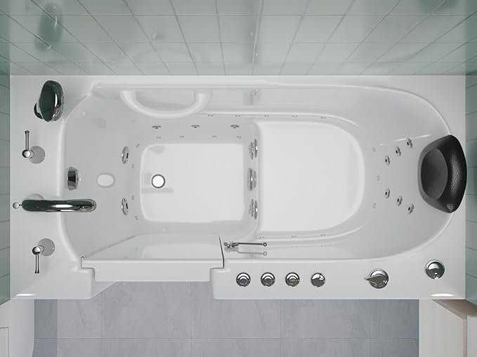 ANZZI Left Drain Walk-In Bathtub with 15 Whirlpool Jets in White | 53-60 x 26 in 115 Bubble Massage Jetted Hot Bath Tub with Waterfall Tub Filler Faucet and Handheld Shower Sprayer | AMZ5326LWD