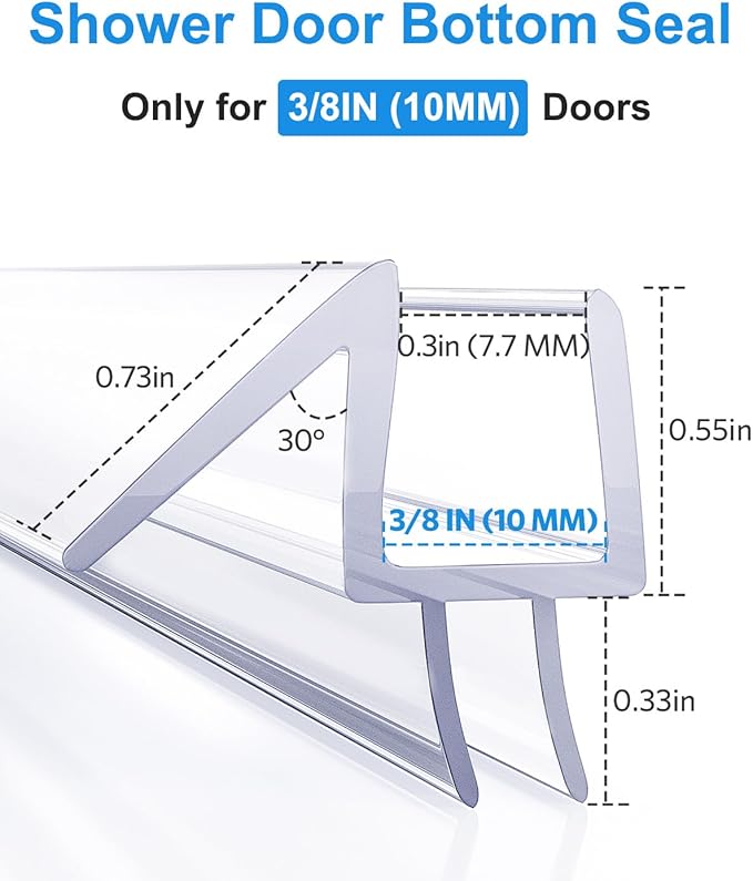 Shower Door Bottom Seal, 3Pack Shower Door Sweep Strip, Frameless Glass Doors Seal Strip for 3/8'' (10mm) Thick Doors, 39.3'' x 0.39'' Showers Water Guard Barrier