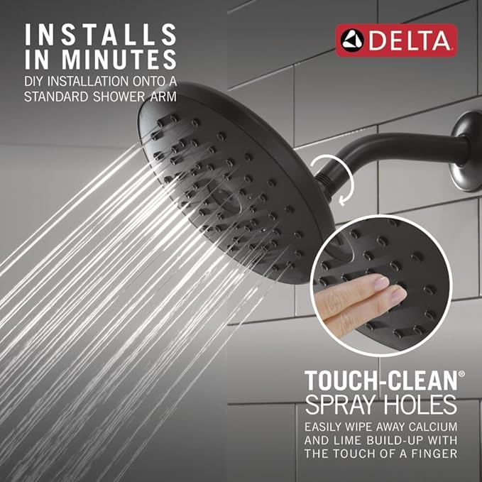 Delta PivotPro Matte Black Rain Showerhead, Single Setting 7 Inch Round Shower Head, Showerheads, 1.75 GPM Flow Rate, Matte Black 75103BL