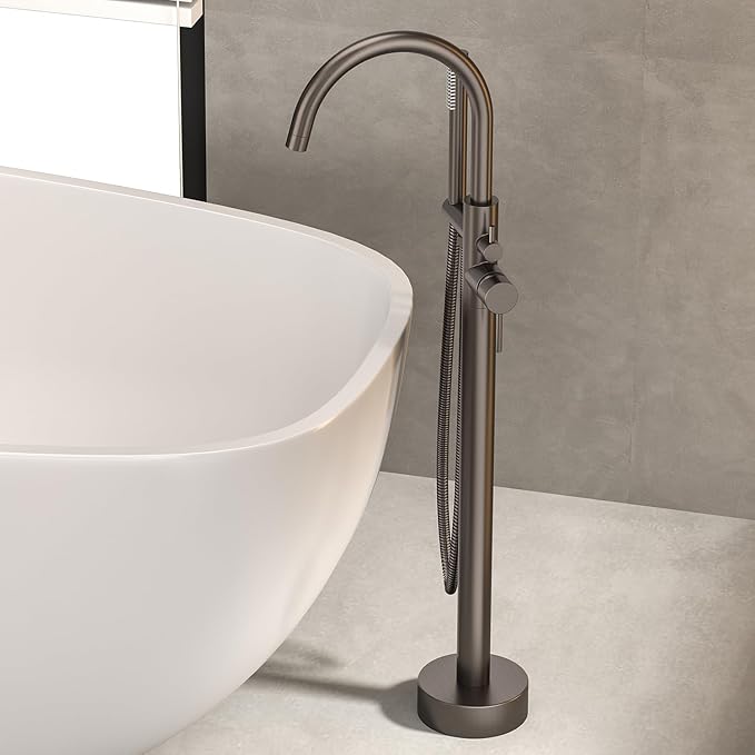 Freestanding Bathtub FaucetFloor Mount Bathtub Filler Shower Mixer Faucet with Handheld Shower Sprayer Swivel, Bottom Inlet，Grey
