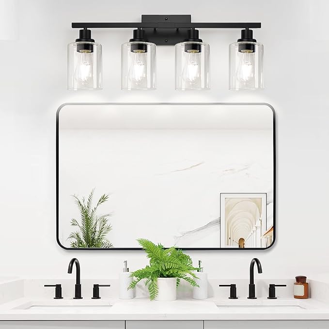 4-Light Bathroom Light Fixtures, Vanity Light with Clear Glass Shades, Matte Black Bathroom Light Fixtures Over Mirror, Modern Bathroom Wall Lamp for Mirror Living Room Cabinet Bedroom