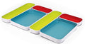 Three by Three Seattle 6 Piece Shallow Metal Organizer Tray Set for Storing Makeup, Stationery, Utensils, and More in Office Desk, Kitchen and Bathroom Drawers (1 Inch, Multicolor)