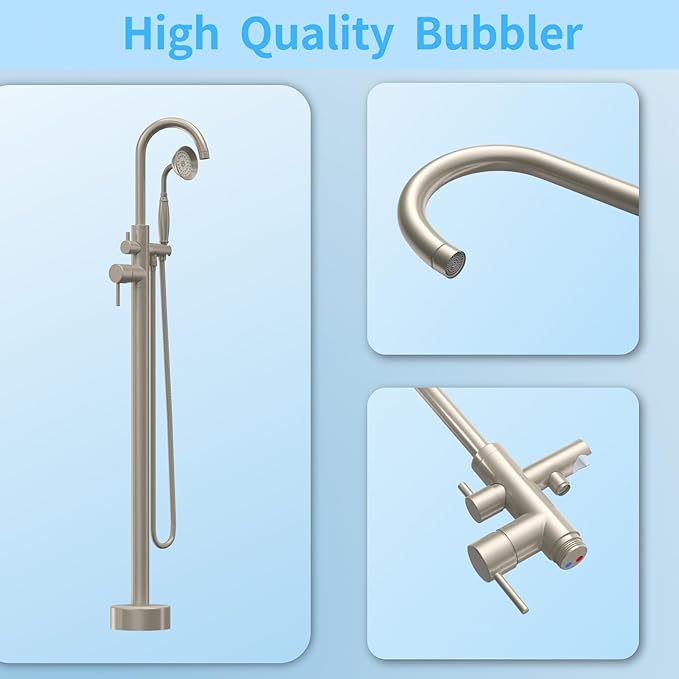 Freestanding Tub Filler Brushed Nickel Floor Mount Bathtub Faucet Bathroom,Rough-in Valve 2 Function Handshower for Tub Rinsing Bathing,Anti-Wobble Base,Telephone-Shape Handheld