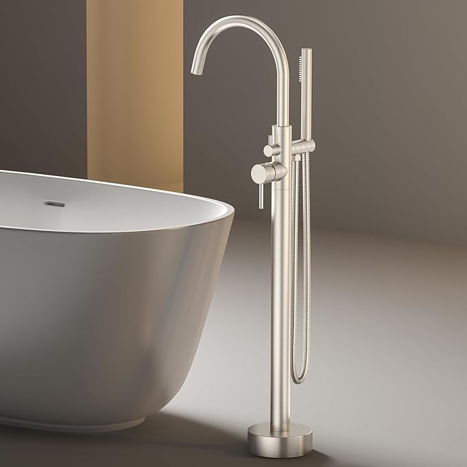 Freestanding Bathtub Faucet Waterfall Tub Filler Brushed Nickel Floor Mount Brass Single Handle Bathroom Faucets with Hand Shower (Brushed Nickel, Water in the side)