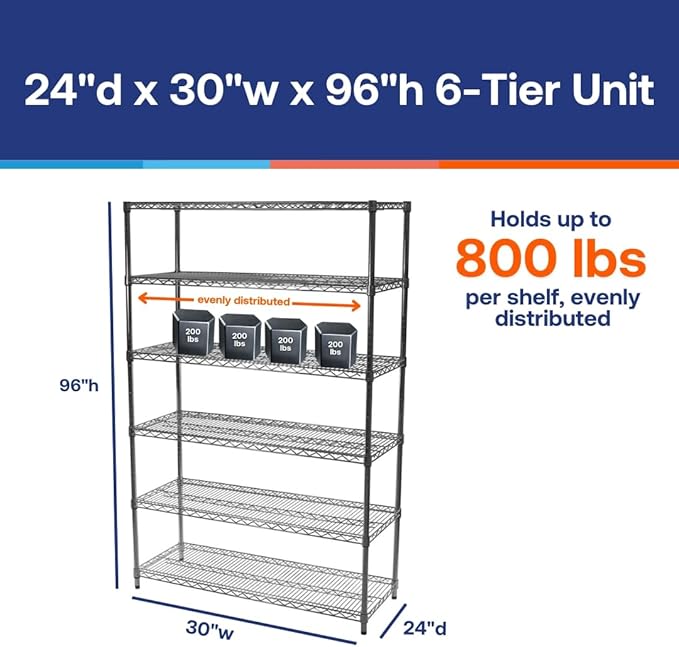 Shelving Inc. 24" d x 30" w x 96" h Chrome Wire Shelving with 6 Tier Shelves, Weight Capacity 800lbs Per Shelf