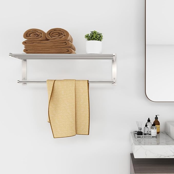 Towel Racks for Bathroom, 2 Tier Bathroom Shelf with Towel Bar, 24 Inch Stainless Steel Towel Rack Wall Mounted, Bathroom Towel Storage Hotel Towel Rack with Shelf, Brushed Nickel