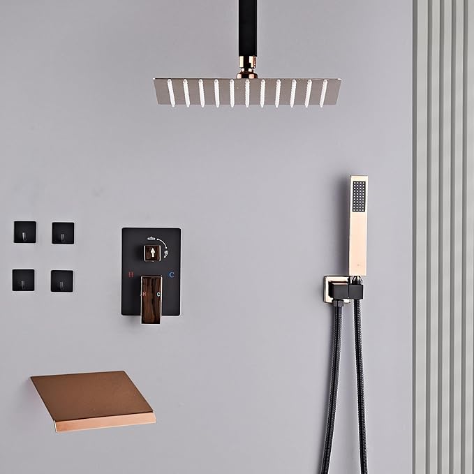12 Inch Ceiling Mount Shower System Matte Black Gold Rain Mixer Shower Combo Set High Pressure Rainfall Shower Head System Bathroom Luxury Shower Faucet Set Rough-in Valve and Trim Included