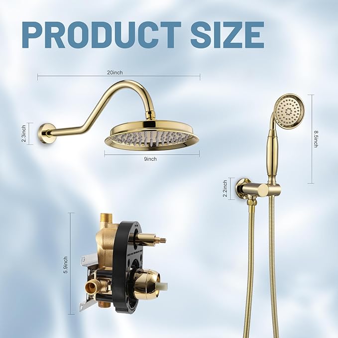 Antique Shower Head Faucet Set,Bright Gold Vintage Wall Mount Shower Faucets Combo With Handheld Spray,Bathroom Rainfall Shower System Trim Kit With Brass Pressure Balance Valve & 9''Shower Head