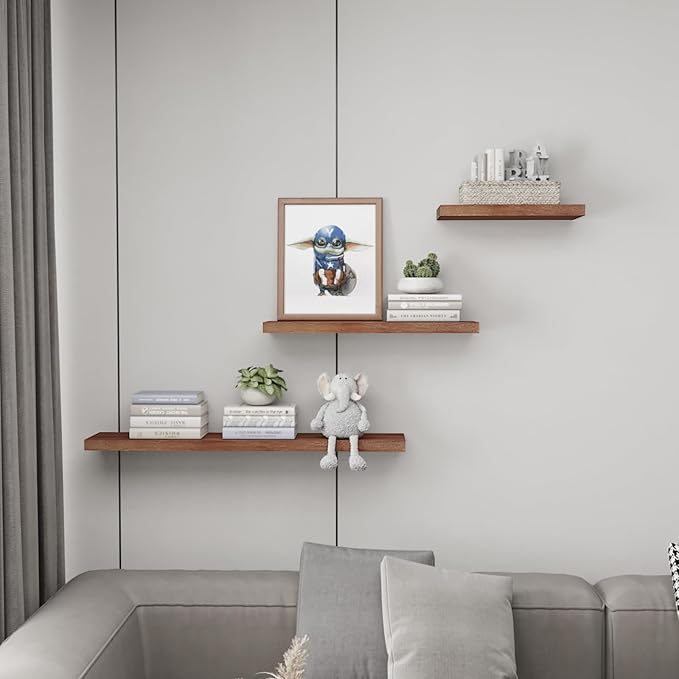 SAUMONIERES Floating Wall Shelves for Bedroom Bathroom Wall Mounted Solid Wood Shelf 24 Inch Set of 2, Walnut Floating Shelves