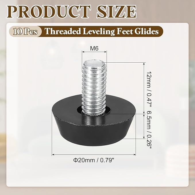 PATIKIL 10 Pcs M6 x 12mm Thread Adjustable Furniture Levelers, Furniture Feet Levelers Screw on Steel Screw in Threaded Leveling Feet Glides for Table Chair Cabinet Patio Legs