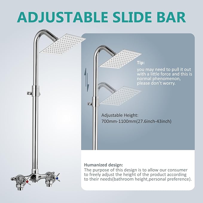 Aolemi Outdoor Shower Kit Fixtures 6 Inch Center with Adjustable Slide Bar,6 Inch Showerhead,2-Handle with Mix Valve,Polish Chrome