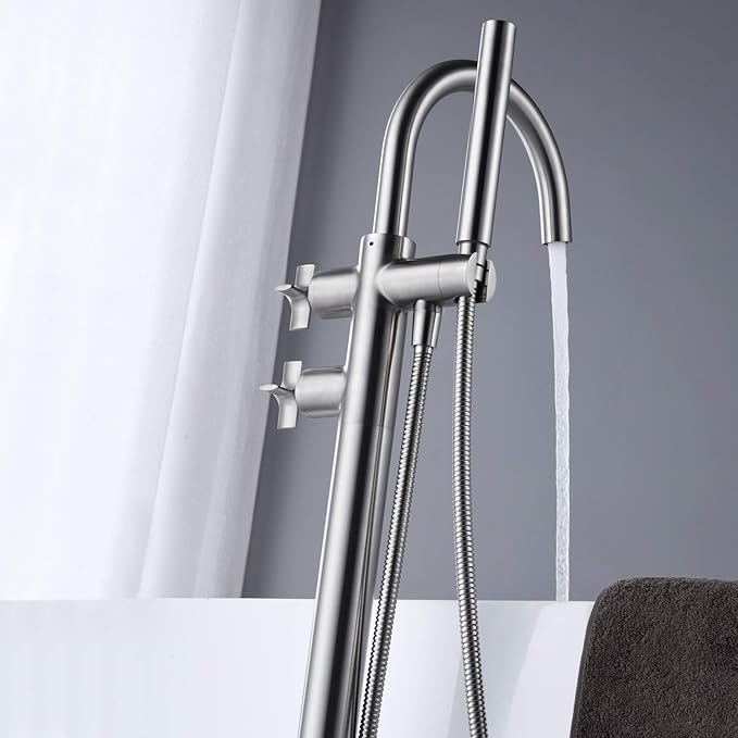 Tub Filler Freestanding Bathtub Faucet Brushed Nickel Floor Mount Brass Faucets with Hand Shower