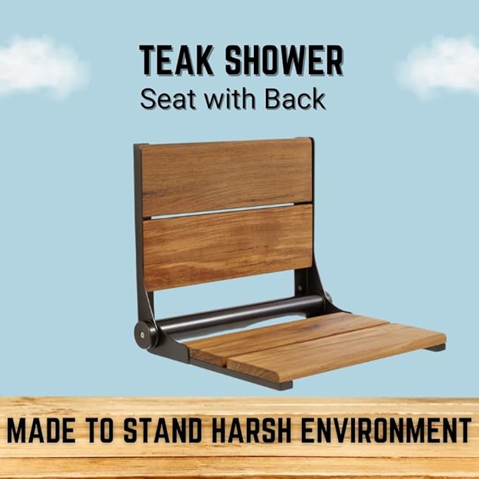Folding Shower Seat Wall Mounted with Back | 500 lbs Maximum Load Capacity | ADA Compliant Safety Assist Teak Shower Seat for Seniors, Handicapped, and Children | 304 Stainless Steel Frame | 18” x 16”