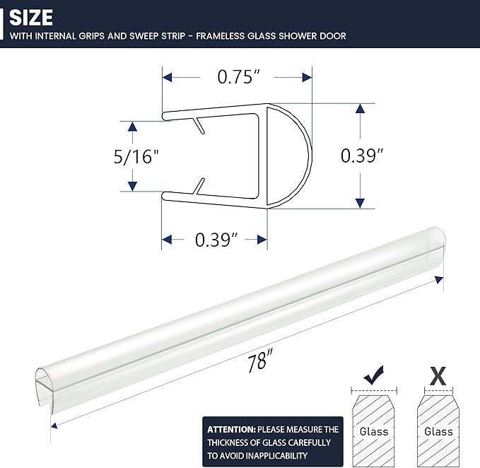 Shower Glass Door Side Seal, 2PCS 78 Inch Ultra Clear U-Shape PVC Seal Strip, for 5/16"(8mm) Thick Frameless Glass Door, to Stop Water Leakage