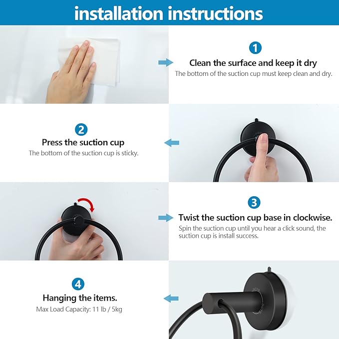 DGYB Suction Cup Hand Towel Ring Black Hand Towel Holder for Bathroom Wall SUS 304 Stainless Steel Kitchen Towel Hanger