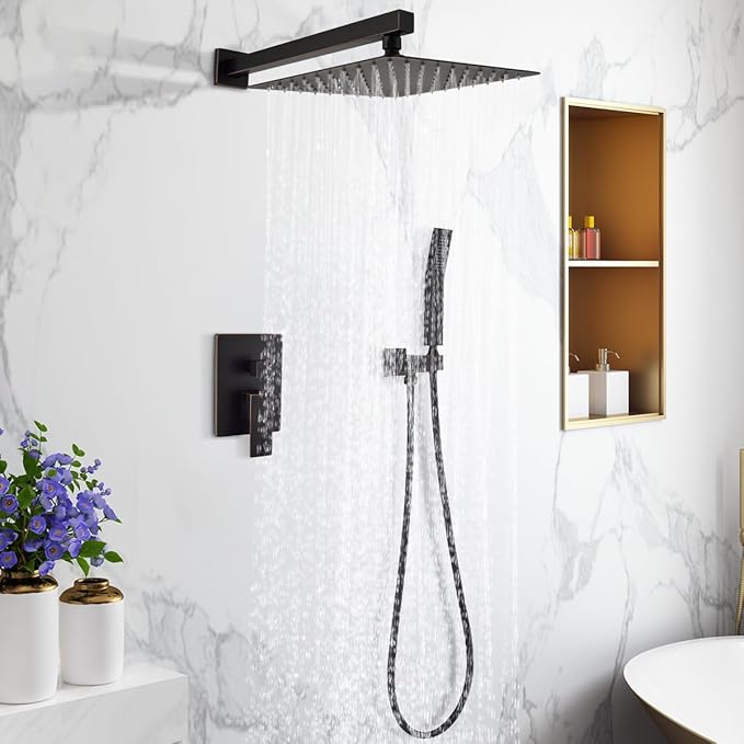 WELLFOR10-in Wall Mounted Shower Faucet Set Dual Head Built-In Shower Faucet System, 2.5 GPM, Bathroom Shower Faucets Sets Complete with 2-way Diverter & Pressure-balanced Valve, Oil-Rubbed Bronze