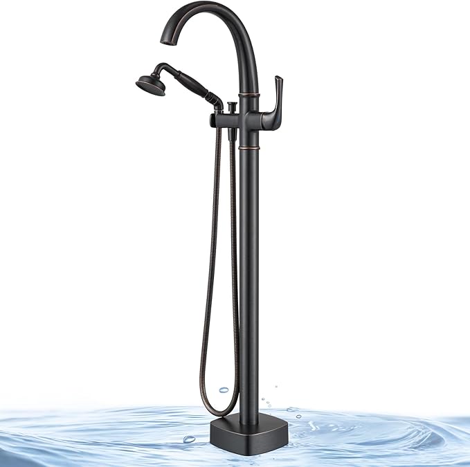 Free Standing Tub Faucet, Jabbol Premium Brass Luxury Freestanding Bathtub Faucet, Bathroom Floor Mount Tub Filler with Handheld Sprayer, Classic Roman Tub Faucets Oil Rubbed Bronze (JB-8811ORB)