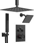 Thermostatic Shower System, Dual Rainfall Shower Heads for Ceilling & Wall Mounted with Handheld Sprayer, Matte Black