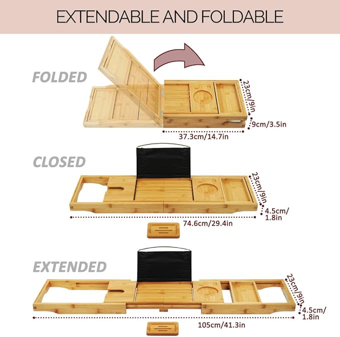 Foldable Bathtub Tray Caddy - Expandable Bath Tray for Tub | Secure, Non-Slip Bathtub Caddy for Tub for Bath Accessories, Self Care Home Spa Gift Set, Relaxing Gifts for Women, New Moms, House Warming