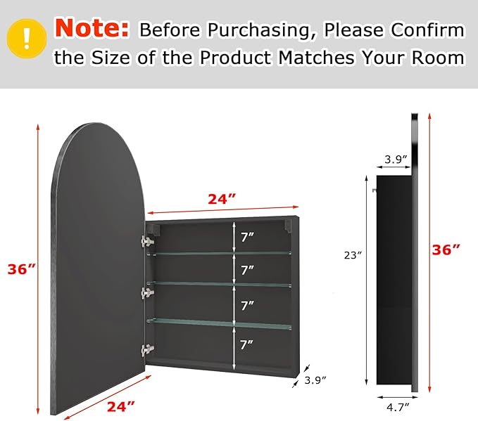 FKWin Black Bathroom Storage Cabinet for Left or Right Opening, Surface Mount Medicine Cabinet not Recessed, Modern Vanity Bathroom Mirror with Storage, Black, 24x36 inch