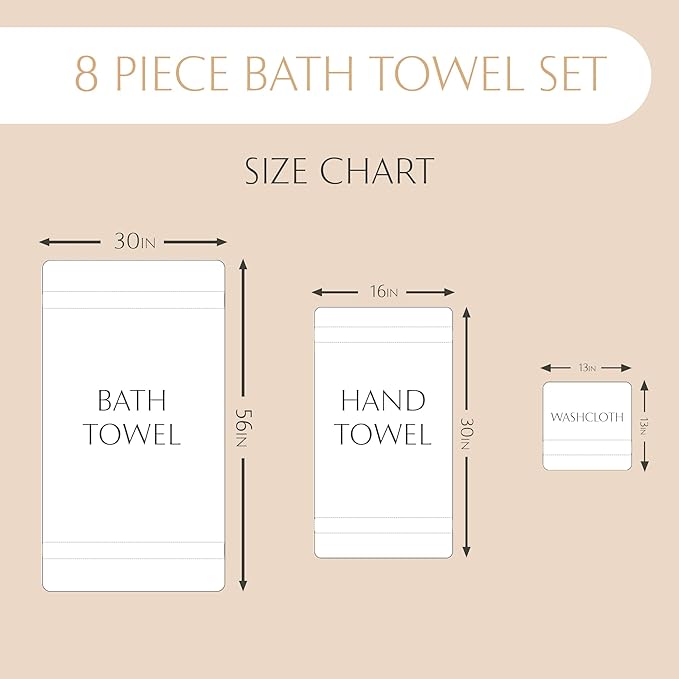 MAURA White Bath Towel Set of 8 for Bathroom. Turkish Cotton Luxury Bath Towels. Extra Large, Thick, Plush & Soft. Hotel & Spa Quality - White