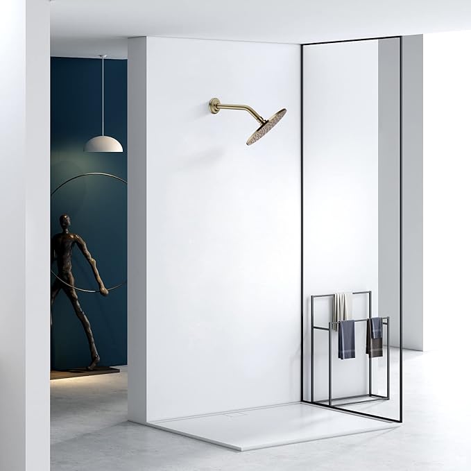 6 Inch Brushed Gold Angled Shower Arm with Flange, Stainless Steel Curved Shower Head Pipe Wall Mounted Extension Shower Neck Rain Rod