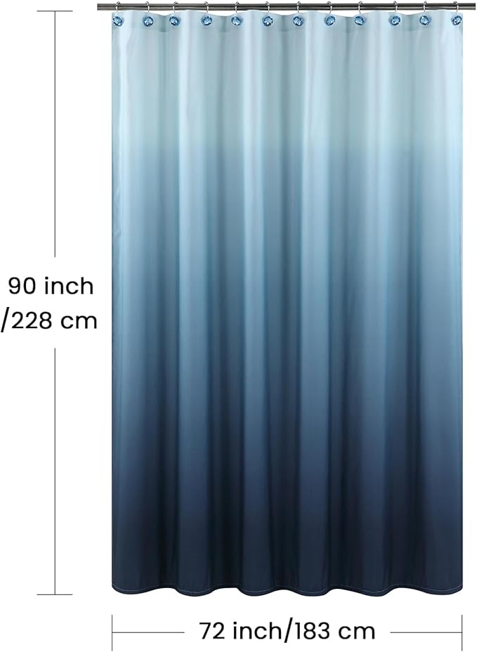90 Inch Fabric Shower Curtain, Extra Long Blue Ombre Shower Curtains for Bathroom, 72" W x 90" H