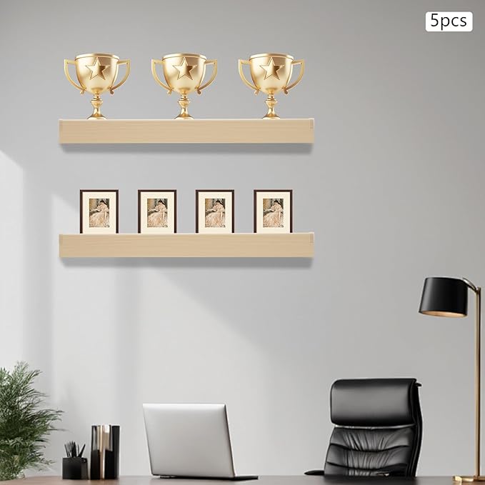 33 Inch Floating Shelves for Wall, 16 Inch Deep Hanging Shelf, Large Display & Storage Shelf for Bathroom, Bedroom, Living Room, Set of 5 (Light Wood Color, 33 Inch)
