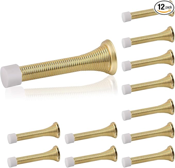 HOMOTEK 12 Pack Spring Door Stopper with Rubber Bumper 3-1/8" Flexible Spring Heavy Duty Wall Door Stop Low Mounted Door Bumper for Home (Bright Brass)