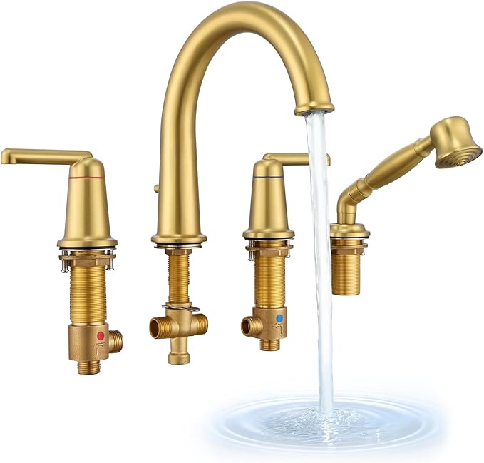 Roman Tub Faucet Set with Hand Shower, KRUZOO Bathtub Faucet Set Trim Kit with Rough-in Valve, Deck Mount Widespread 4 Hole Brass Tub Filler, KZ-9608BG, Brushed Gold