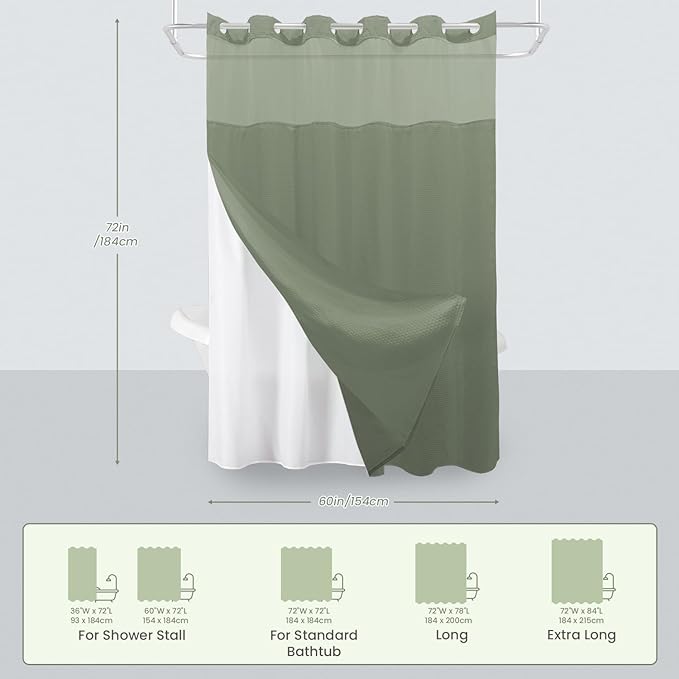 Inhousolu Stall No Hook Shower Curtain with Snap in Fabric Liner Set Waffle Weave 230GSM Weighted Hem, Waterproof & Washable Bathroom Curtain Spa Luxury with Mesh Top Window 60" W x 72" L Sage Green