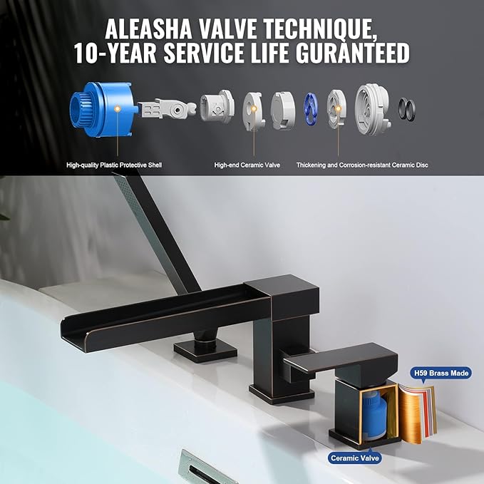 Waterfall Roman Tub Filler Faucet, Deck Mount Bathtub Filler with 360°Swivel Spout, 3 Holes Bathroom Tub Faucet with Sprayer, Oil Rubbed Bronze