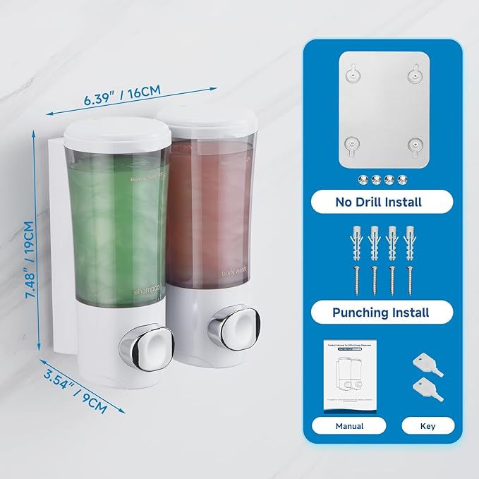 Shampoo and Conditioner Dispenser No Drill Shower Soap Dispenser Wall Mounted Shower Dispenser 2 Chamber with Upgrade Smooth Pump Head Bathroom Body Wash Soap Dispenser Set 450ml*2 White