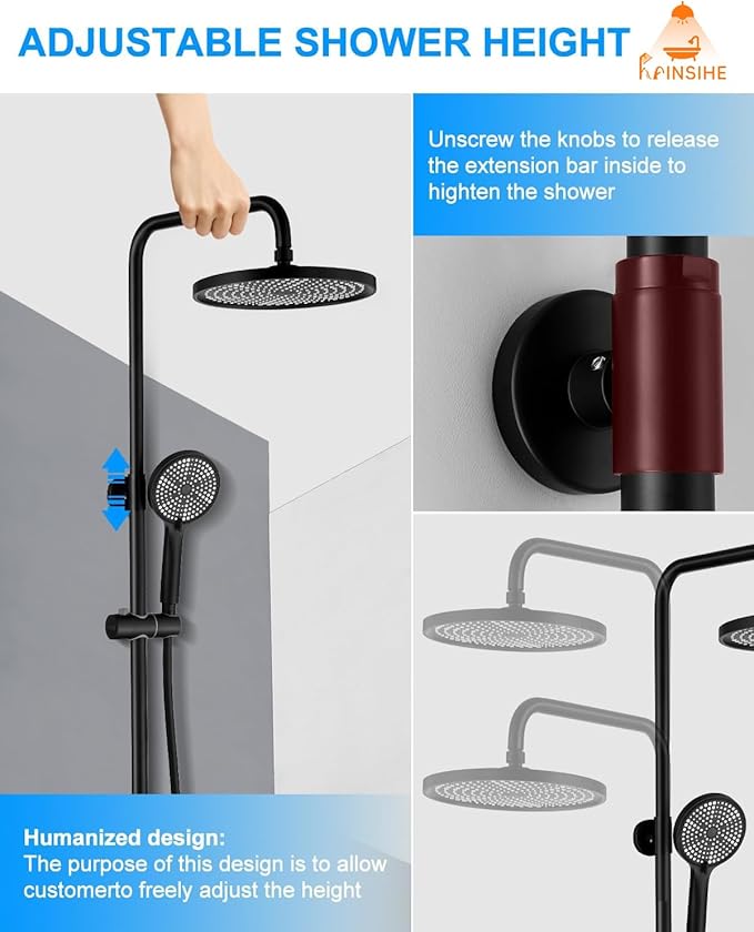 Outdoor Shower Kit, Exposed Shower System with Dial Thermometer Brass Valve, 10'' Rainfall Shower Head and Handheld Shower Faucet Combo for Bath Backyard - Black Wall Mounted