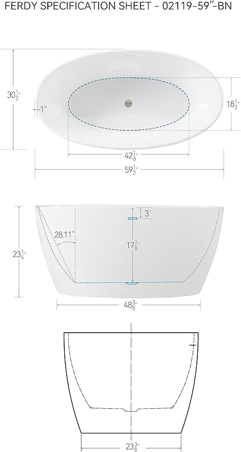 FerdY Tahiti 59" Acrylic Freestanding Bathtub, Elegant Oval Shape Bathtub, Glossy White, Brushed Nickel Drain & Integrated Slotted Overflow Assembly Included cUPC Certified, 02119