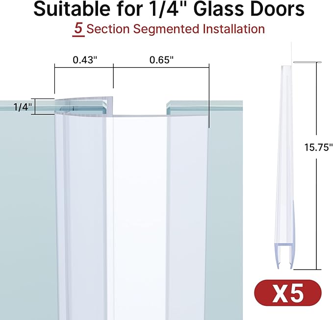 AmazerBath 5 PCS Shower Door Side Seal Strip -15.75 Inches x 5, 5 Sections Segmented Shower Installation Kit, Frameless Glass Door Seal Strip - Suitable for 1/4 Inch Glass