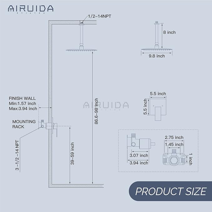 Airuida Shower Faucet Set and Handle Set Single Function Shower Trim Kit Ceiling Mount Rainfall Shower System with Male Threads and Rough-in Valve 10 Inch Square Shower Head Matte Black