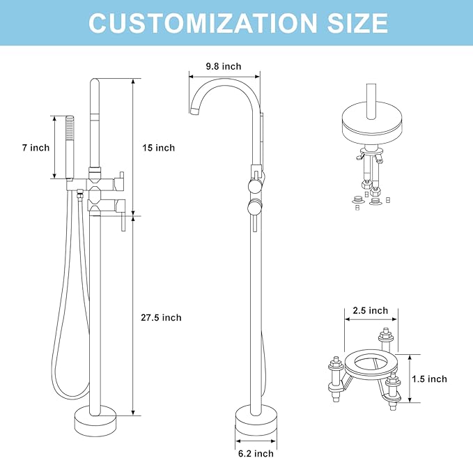 Freestanding Bathtub Faucet, Floor Mount Bathtub Faucet with 2 Water Outlet Modes, Swivel Gooseneck Spout with Hand Shower, Brass Single Handle Tub filler, Max Flow Rate 7.4 GPM, Matte Black