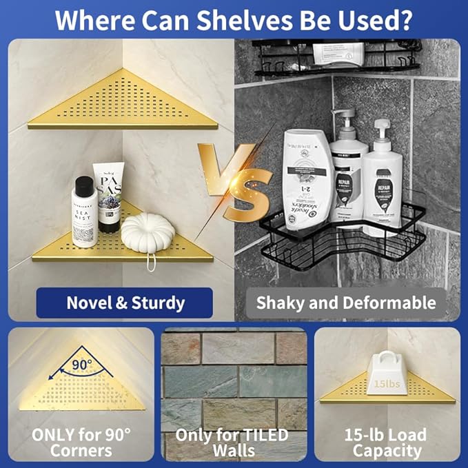 Corner Shower Shelves 10", Brushed Gold 304 Stainless Steel Recessed Bathroom Shelf, Grout in Shelf Rack for Tiled Wall, 2 Pack