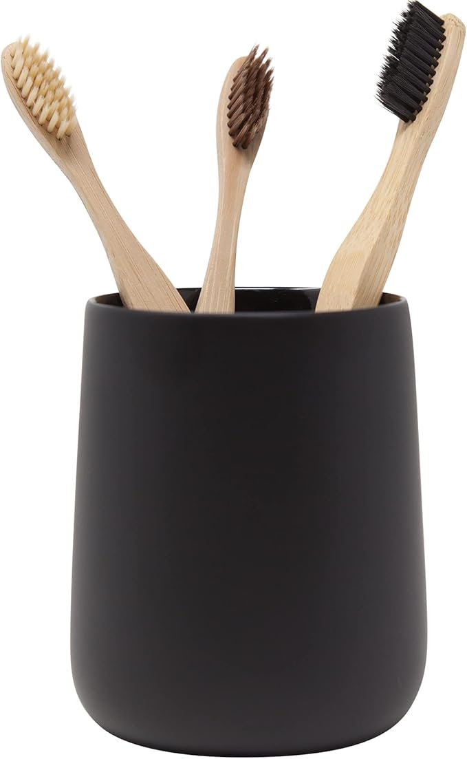 Matte Black Toothbrush and Toothpaste Holder and Cup for Bathroom Vanity and Countertop, Round Organizer for Electric Toothbrushes, Floss, Razors, Cotton, and Mouthwash