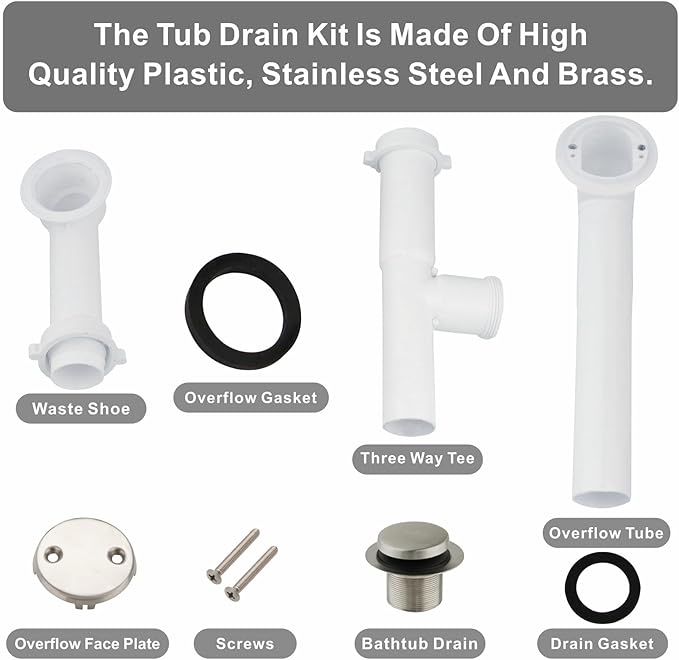 Brushed 1-1/2" Tubular Bath Drain Kit with Tip Toe Bathtub Drain Stopper, Wellup Tub Drain Kit Bath Waste and Overflow Cover, PVC Plastic Pipe for Standard Size Tubs, Brushed Nickel
