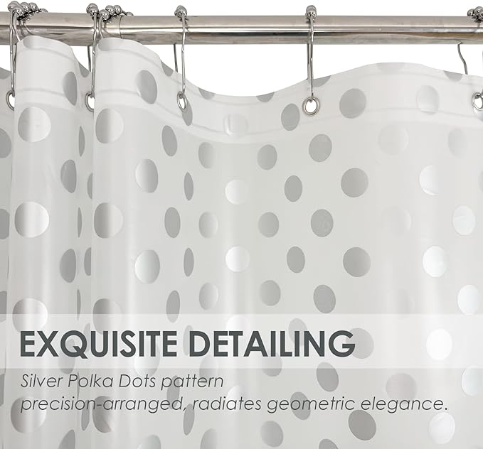 Plastic Shower Curtain Liner, Waterproof Printed PEVA Shower Curtain with Design, Silver Polka Dots Pattern, Rustproof Grommets, Standard Size 70x72 Bathtub Curtain for Bathroom (Pack of 1)