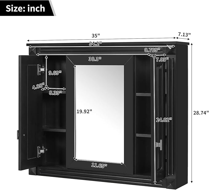 Merax Wall Mounted Bathroom Medicine Cabinet with Mirror, Bathroom Wall Cabinet with Doors and Shelves, 34" x 29" Mirrored Door Over Toilet Storage Cabinet, Black