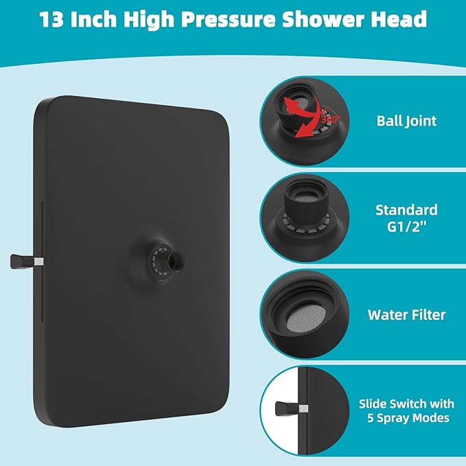 Hibbent 5 Spray Modes Shower Head, 13'' High Pressure Rain Shower Head, Large Rainfall Showerhead, High Flow Waterfall Bathroom Fixed Showerheads with Adjustable Swivel Ball Joint, Matte Black